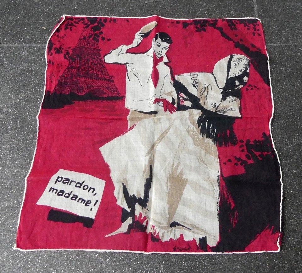 Vintage zakdoekje Pardon, Madame! jaren '50 retro textiel, Antiek en Kunst, Curiosa en Brocante, Ophalen of Verzenden