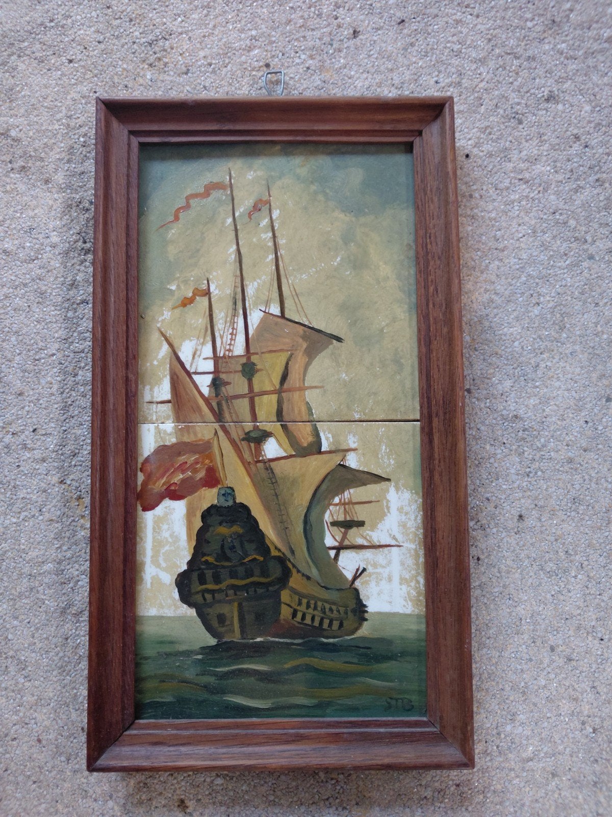 Oud Hollands Schilderij Zeilschip op Tegels, Maritiem / water, Handgeschilderd, Oud hollands, Overige ondergronden