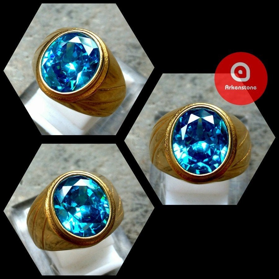 Elegante Gouden Titanium Ring met Blauwe London Topaas CAR08, Sieraden, Tassen en Uiterlijk, Ringen, Overige materialen, 20 of groter