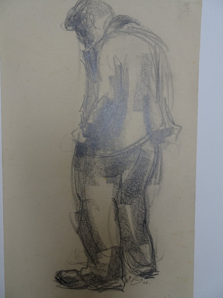 Tekening gebogen man met handen in de zakken, Jan Vink 1946, Antiek en Kunst, Kunst | Tekeningen en Foto's, Ophalen of Verzenden