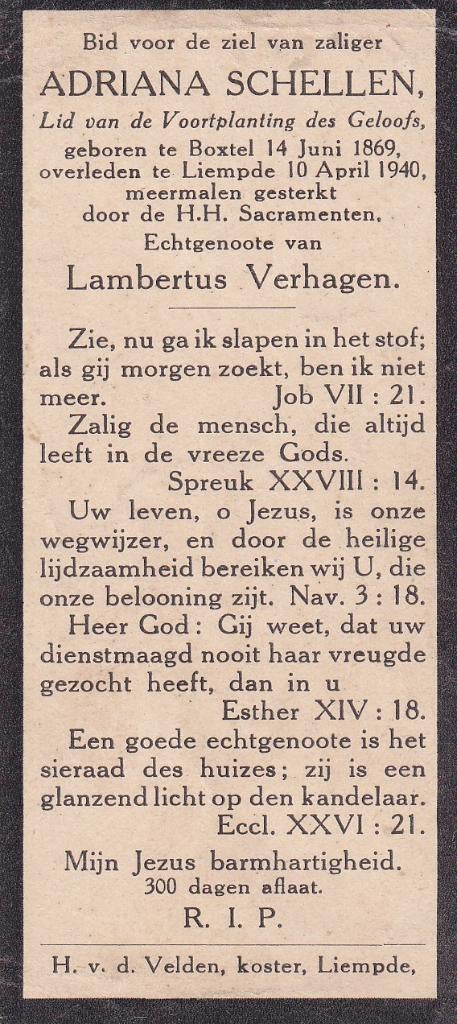 Schellen Adriana 1869 Boxtel 1940 Liempde, Ophalen of Verzenden, Bidprentje