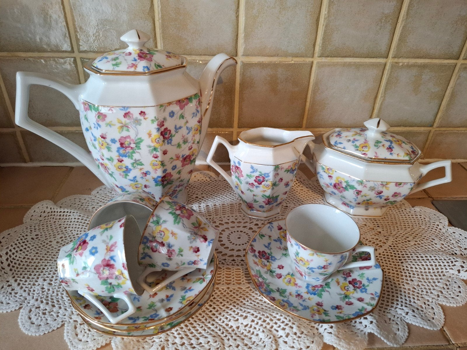 Art Déco Chintz Koffieservies Louis Lourioux 11delig 1920/30, Antiek en Kunst, Antiek | Servies compleet, Ophalen
