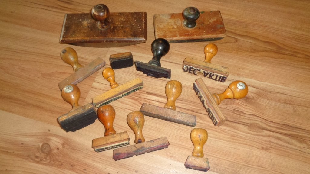 Nostalgische oude stempel set winkeliers bedrijven koopje, Verzenden