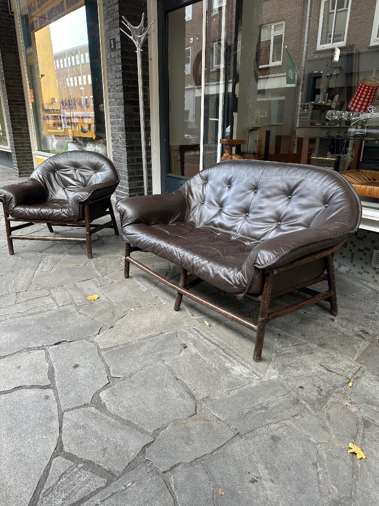 Vintage design, midcentury bankstel, bamboe en leer, Ophalen, Gebruikt, -, -