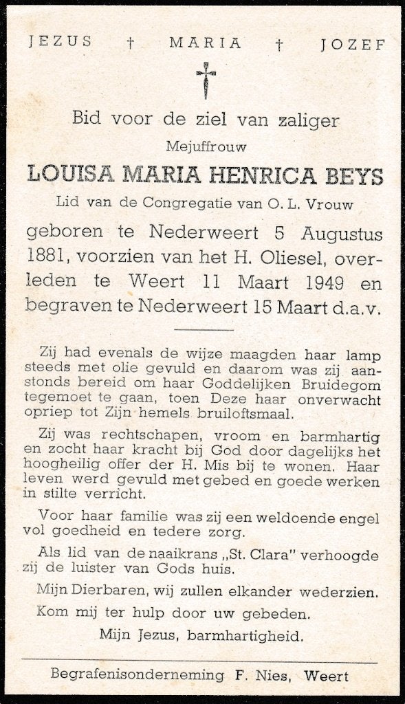Beys Louisa 1881  Nederweert 1949, Ophalen, Bidprentje