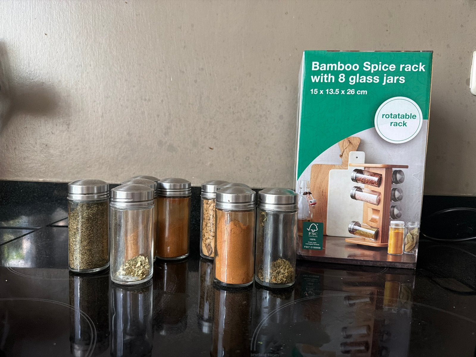 Bamboe kruidenrek met glazen potjes - draaibaar, Huis en Inrichting, Keuken | Keukenbenodigdheden, Ophalen, Overige typen, Hout