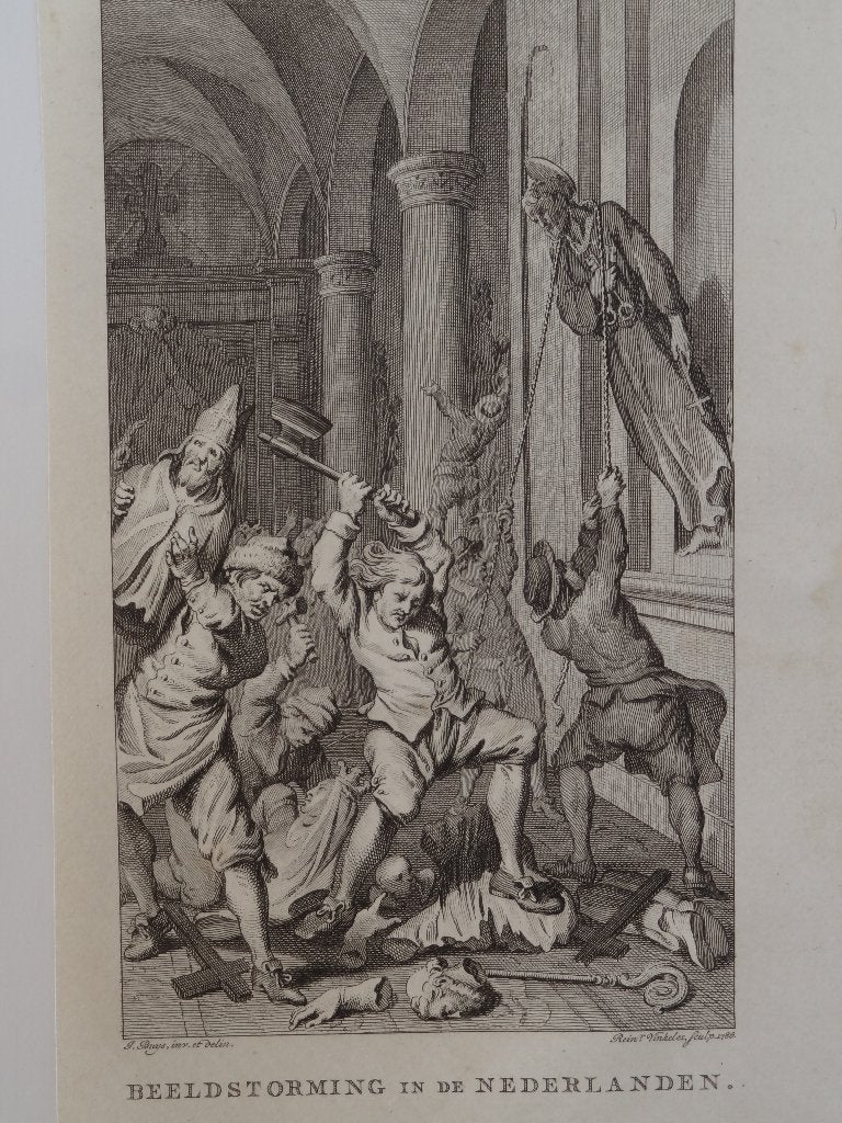 gravure beeldenstorm in Nederlanden Vinkeles historie 1750, Cartografie, Ophalen of Verzenden, Gravure, Origineel