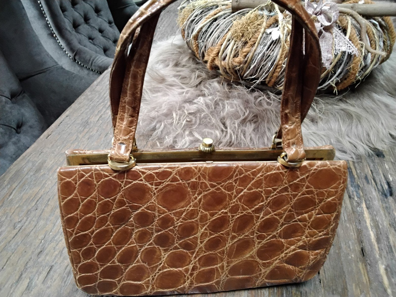 Vintage Krokodillenleren Handtas - Bruin, Ophalen of Verzenden, Gebruikt, Bruin, Handtas