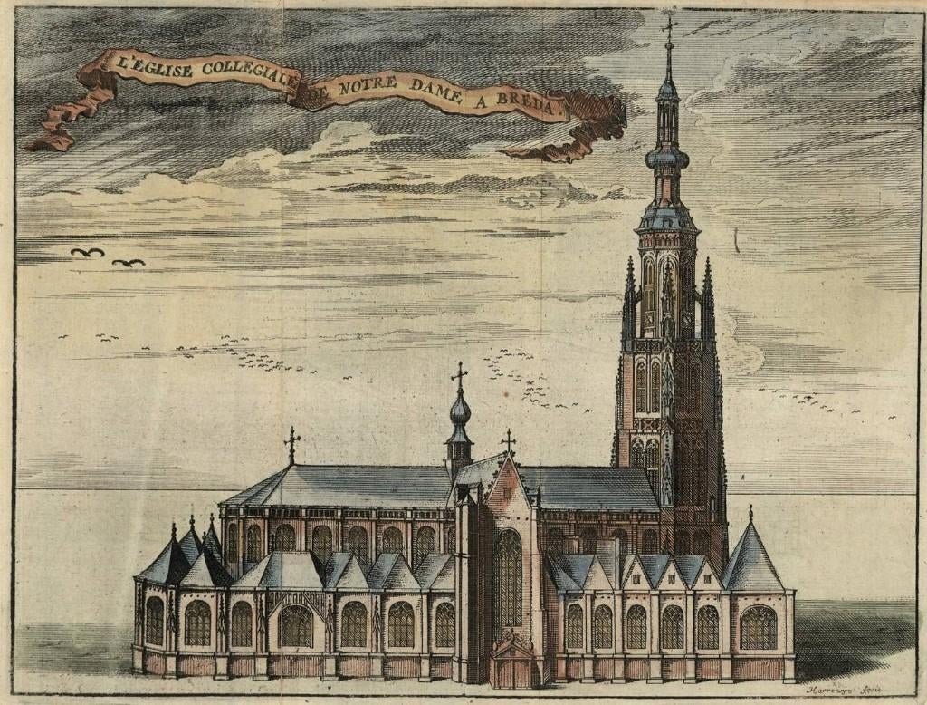 L'Eglise Colegiale de Notre Dame a Breda Kopergr. Harrewijn, Antiek en Kunst, Architectuur, Ophalen of Verzenden, Gravure, Met tekst