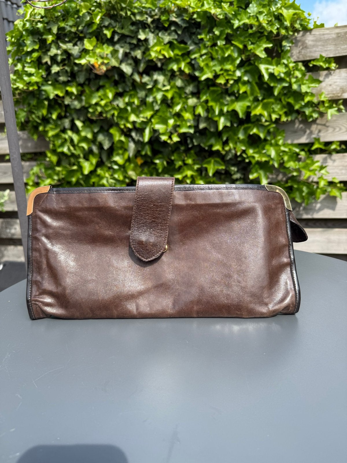 Vintage Bruine Leren Clutch / Avondtasje, Ophalen of Verzenden, Gebruikt, Bruin, Avondtasje