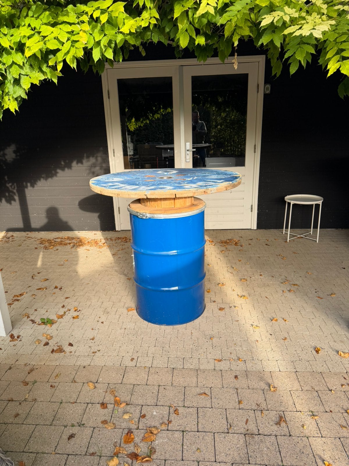 Luxe statafel met robust orgineel haspelblad en luxe, Huis en Inrichting, Ophalen, Zo goed als nieuw