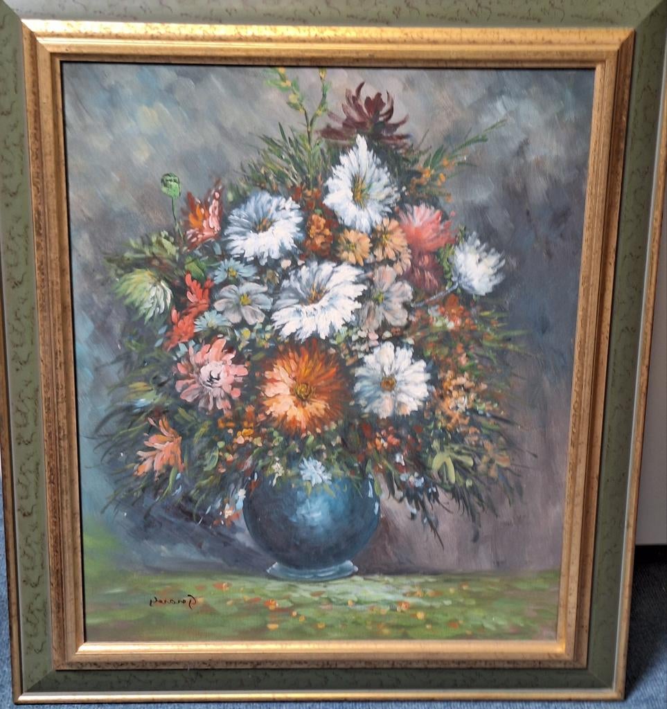 Schilderij Stilleven met Kleurrijk Bloemenboeket in Vaas, Antiek en Kunst, Kunst | Schilderijen | Klassiek, Ophalen of Verzenden