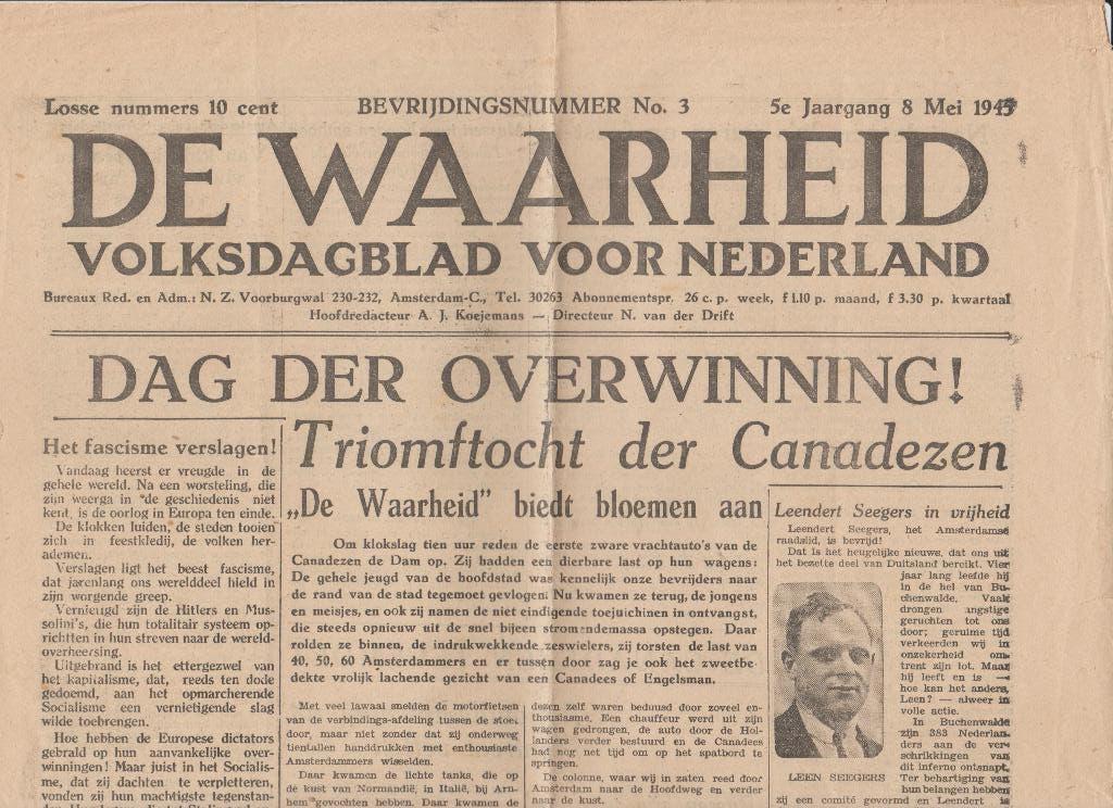 bevrijdingsnummer 3 de waarheid 8 Mei 1945 oorlog krant vrij, Verzamelen, Ophalen of Verzenden, 1940 tot 1960, Nederland, Krant