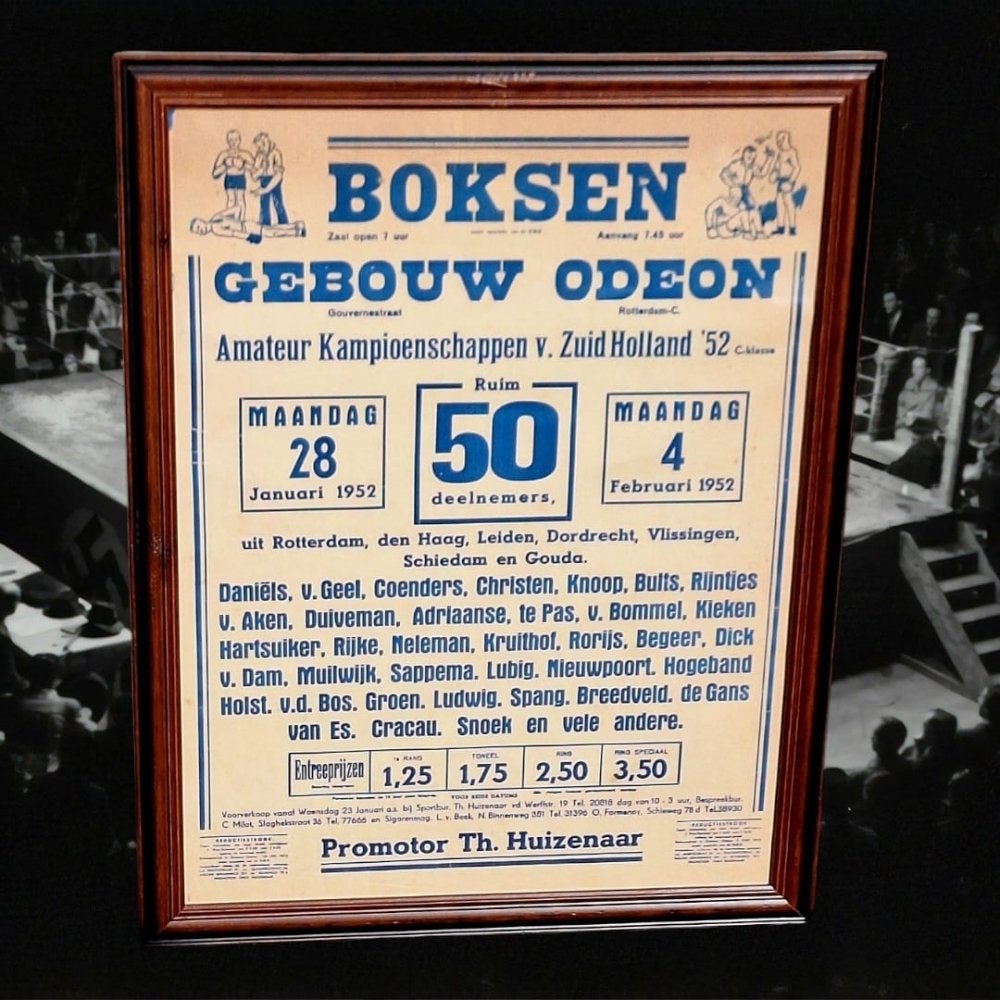 Authentieke boks poster, boks affiche van wedstrijden 1952👊, Ophalen, Met lijst, Sport, A1 t/m A3