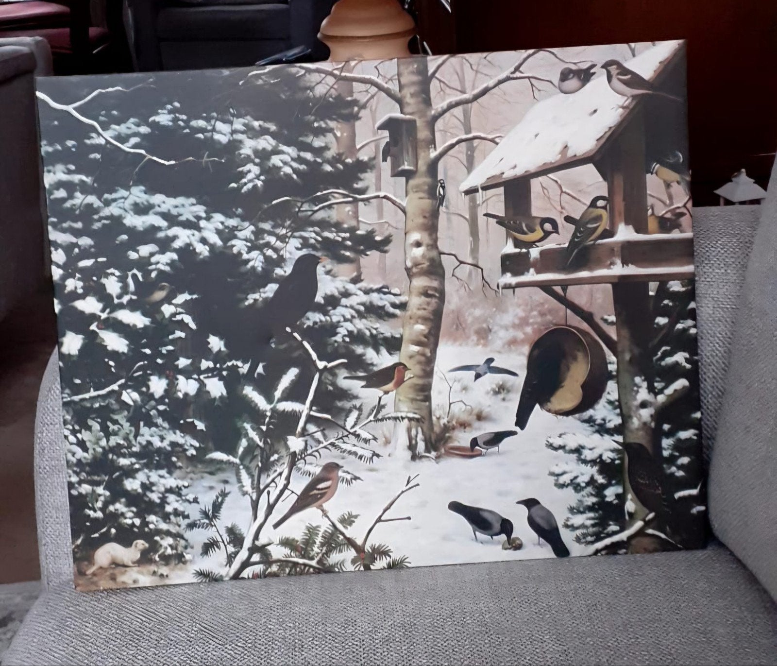 Schilderij Winterlandschap met Vogels - 50x40cm, Ophalen, Doek, Realistisch, Dieren