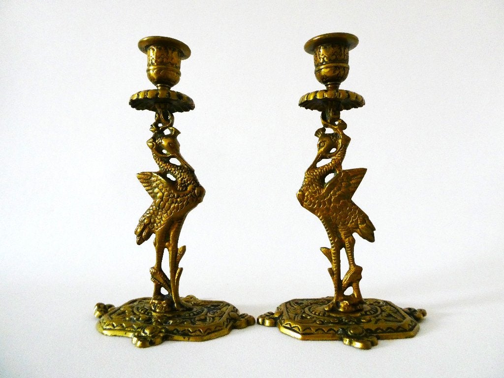 2 Messing kraanvogel kandelaars Art Nouveau vogel ooievaar, Ophalen of Verzenden, Koper of Brons