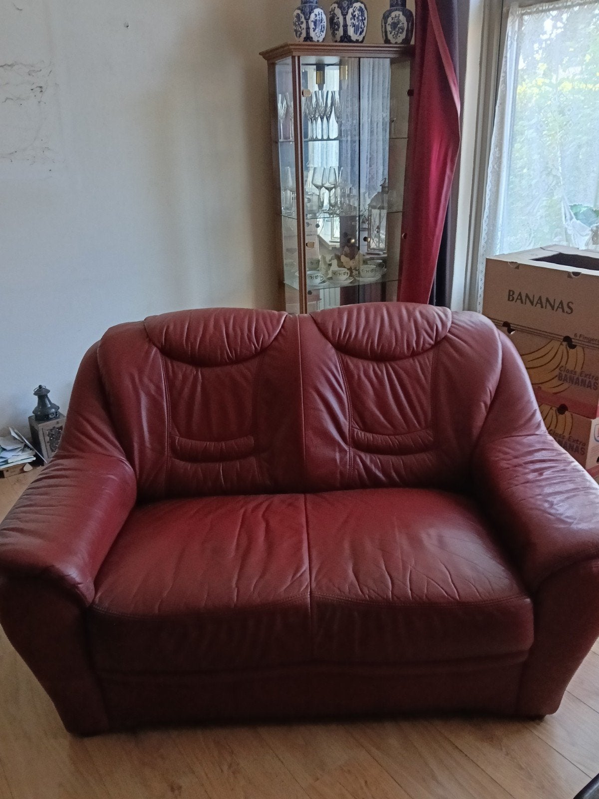 Comfortabele leren bank - rood/bruin, Ophalen, Gebruikt, 150 tot 200 cm, Tweepersoons