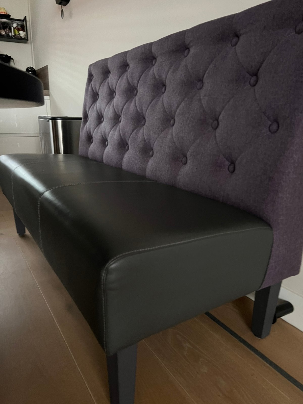 Eetkamerbank bank 150cm Paars/antraciet z.g.a.n., Ophalen, Zo goed als nieuw, Tweepersoons, Stof
