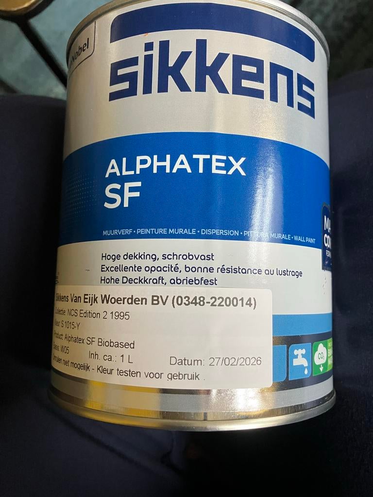 Sikkens Alphatex SF Muurverf - Olijfgeel- 1L, Doe-het-zelf en Verbouw, Verf, Beits en Lak, Geel, Ophalen of Verzenden, Minder dan 5 liter