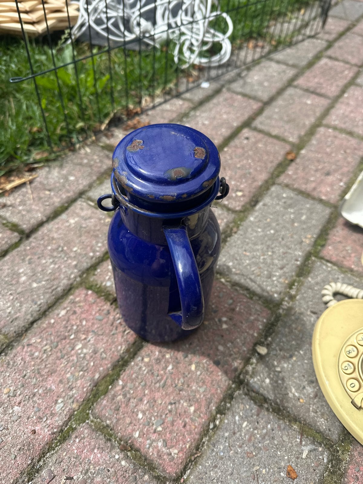 Vintage blauwe geëmailleerde melkbus / kan, Ophalen