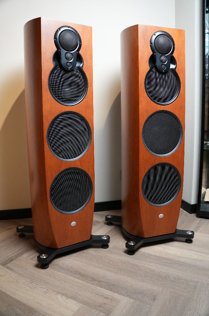 Linn Klimax 350 Organik speakers, Kersen finish, Vloerstaande luidspreker, Gebruikt, Ophalen, 150 watt of meer