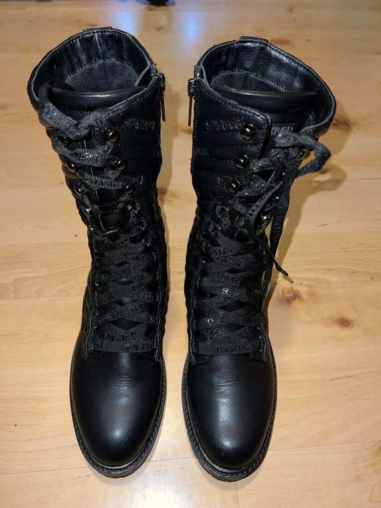 Super Trash boots laarzen, zwart leer, 40, ZGAN, Ophalen, Zo goed als nieuw, Zwart, Hoge laarzen