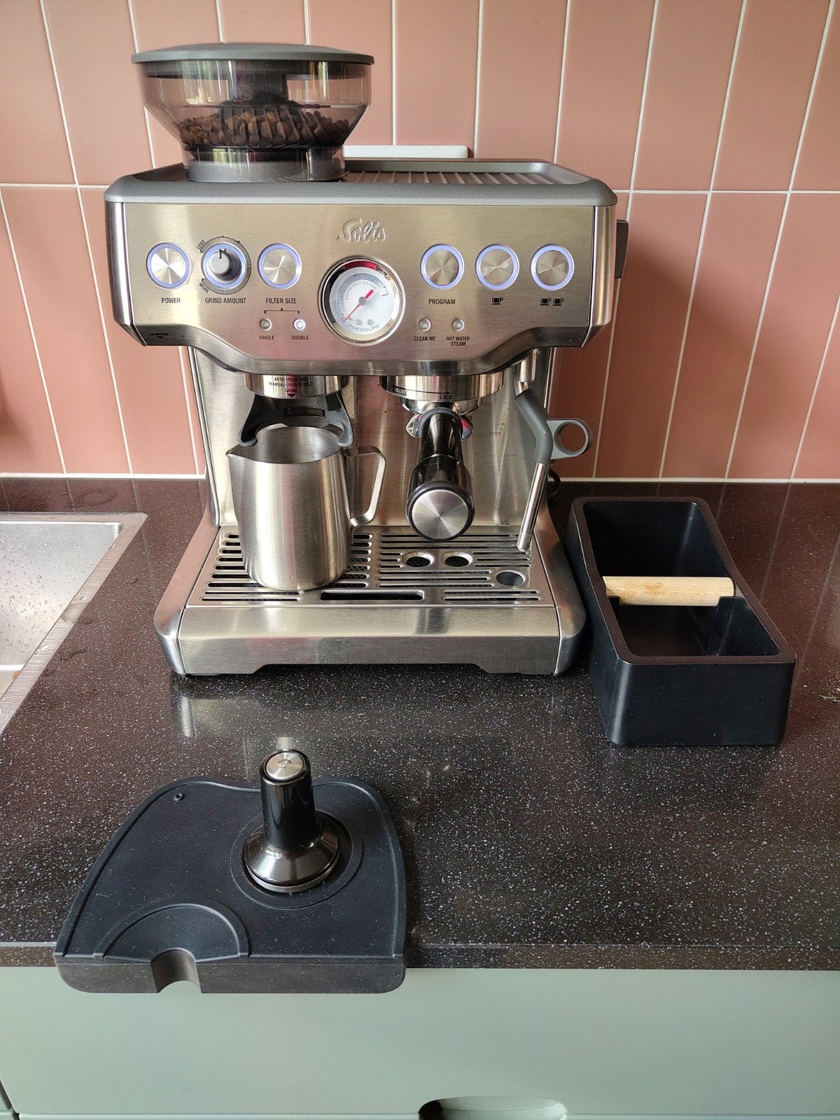 Solis Grind & Infuse 115A zilver + complete set, Witgoed en Apparatuur, Gebruikt, Espresso apparaat, 2 tot 4 kopjes, Gemalen koffie