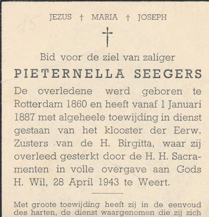 Rotterdam 1860 - Weert 1943 Pieternella Seegers, Ophalen of Verzenden, Bidprentje