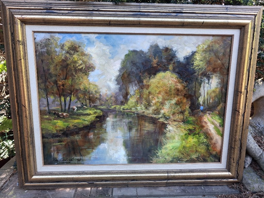 Zeer groot landschap van Ton Ancone, olieverf op doek (1998), Antiek en Kunst, Doek, Realistisch, Bijzondere lijst, Ophalen of Verzenden