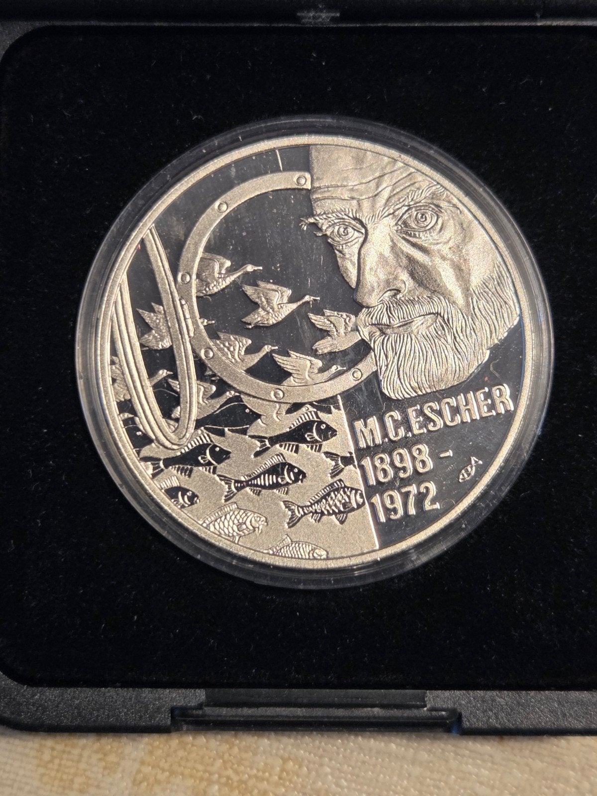 Zilveren 50 Euro M.C. Escher munt 1998 - Proof kwaliteit, Koningin Beatrix, Zilver, Euro's, Ophalen of Verzenden