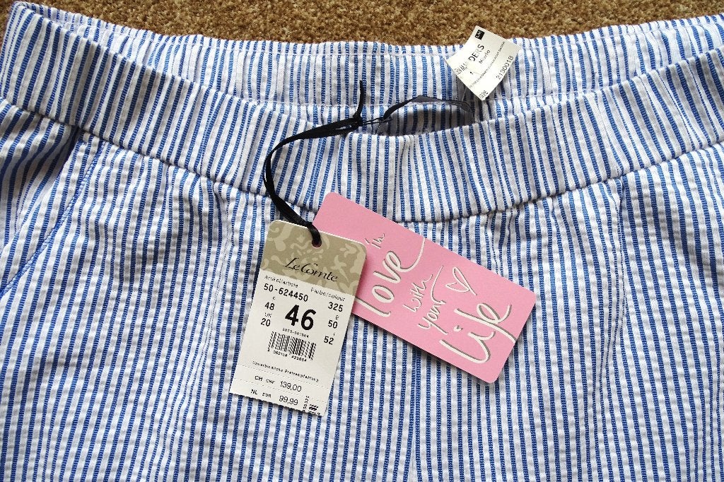 HIPPE BROEK > LE COMTE – MAAT 46 – WIT met BLAUWE STREEPJES, Kleding | Dames, Wit, Maat 46/48 (XL) of groter, Nieuw, Ophalen of Verzenden