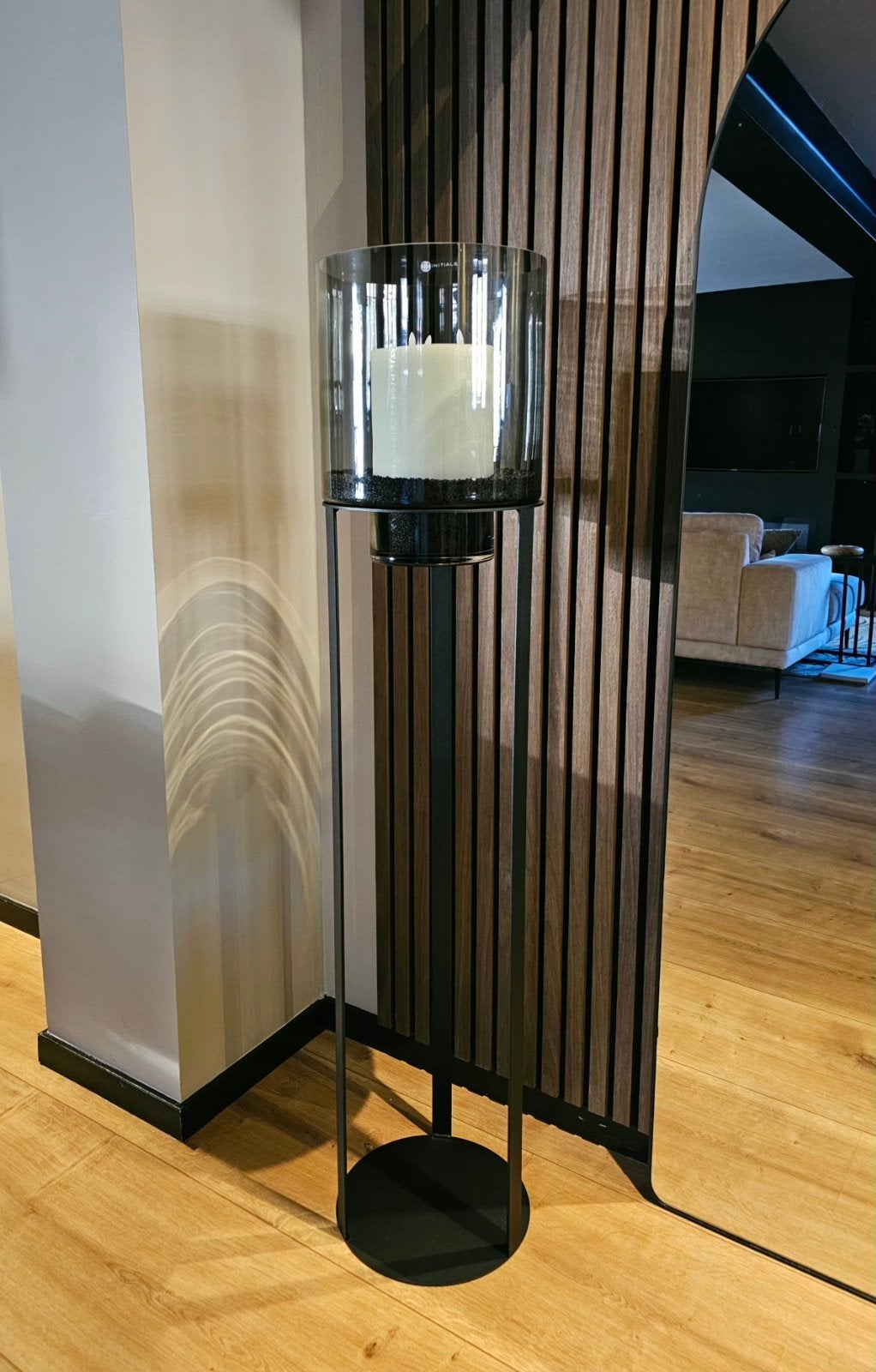 Windlicht op zuil, Ophalen, Zwart, Metaal, Kandelaar
