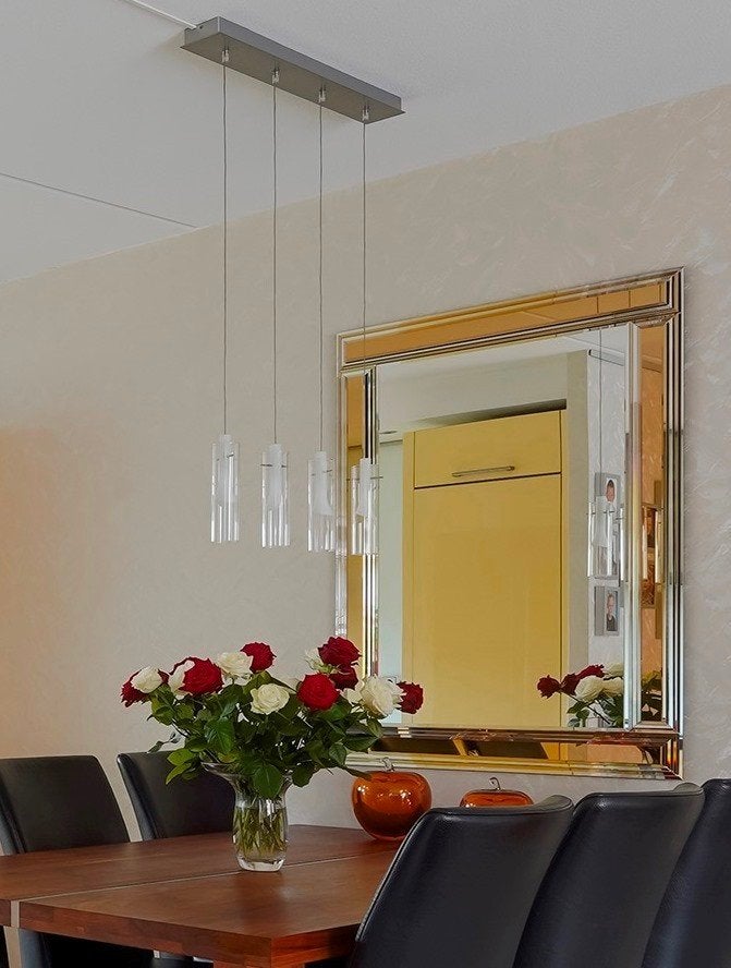 Plafond hanglamp met 4x doorzichtig en mat wit glazen kelken, Zilver, Gebruikt, Modern, Overige fittingen