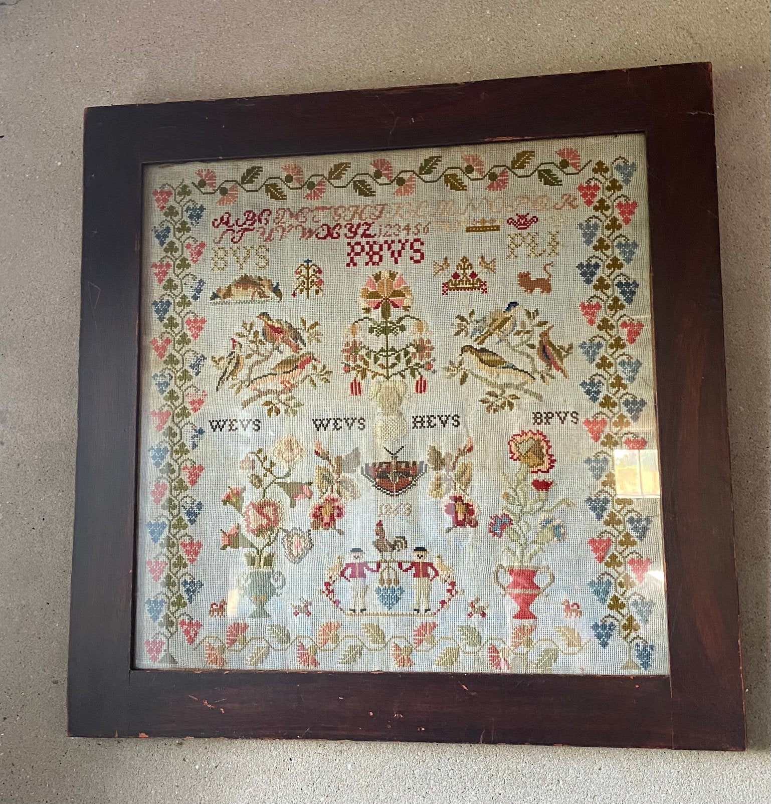 Antieke ingelijste borduurwerk sampler, 1923, Ophalen