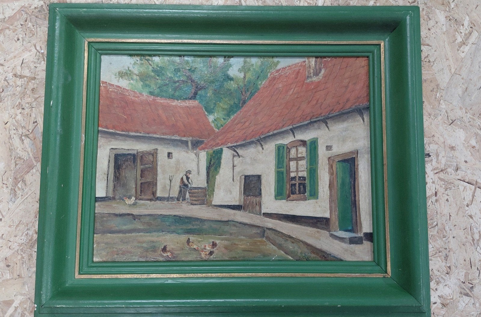 Schilderij - boerderij met kippen, 1900-1990 [J. Gulikers], Antiek en Kunst, Ophalen of Verzenden