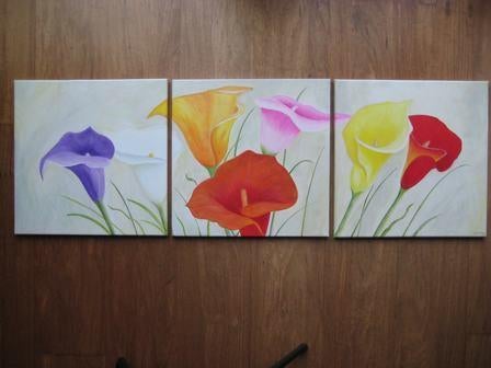 Handgeschilderd: 3 luik kleurige Calla's (120 x 40 cm), Ophalen, Oorspronkelijke maker, Nieuw, Schilderij