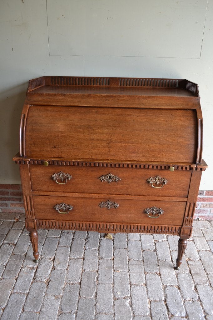 Prachtig antiek eiken houten cylinderbureau, secretaire., Verzenden