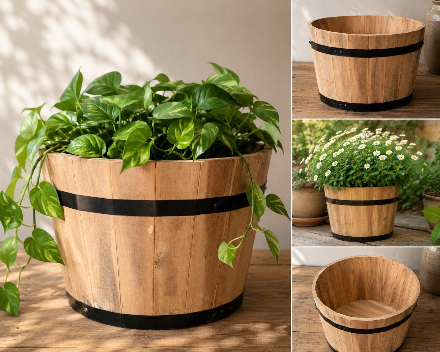 Houten Bloempot/Plantenbak met Metalen Banden, Rond, Nieuw, Ophalen of Verzenden, 60 tot 100 cm
