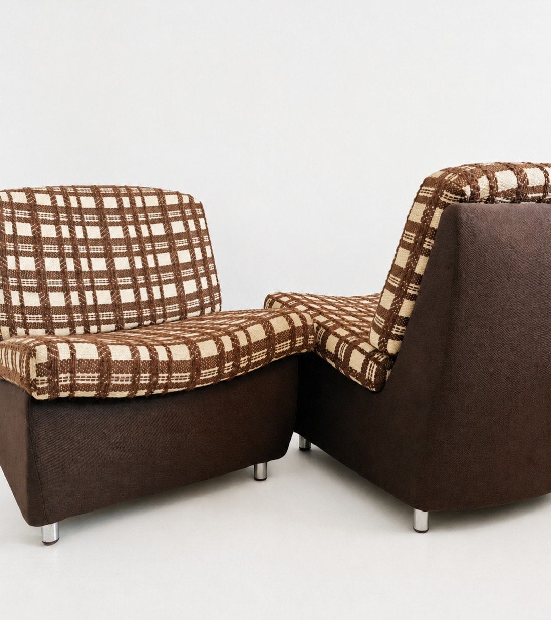 DV: COMFY kuipstoelen met blokpatroon 70's, Huis en Inrichting, Fauteuils, Gebruikt, Minder dan 75 cm, Vintage, Hoofdstraat 70 Terborg