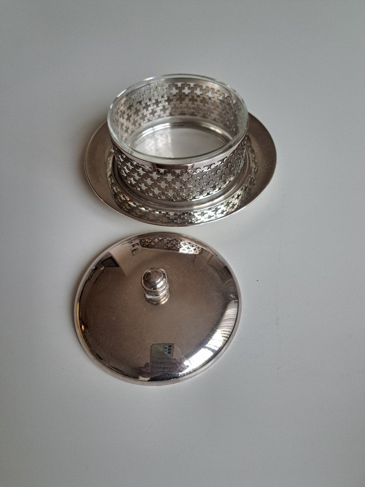 Antieke Verzilverde Botervloot met Origineel Glas, Ophalen of Verzenden, Zilver