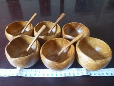 6 X ronde dipsaus kommetjes, Lepels, tropisch hardhout, Ophalen, Nieuw, Kom(men), Overige stijlen