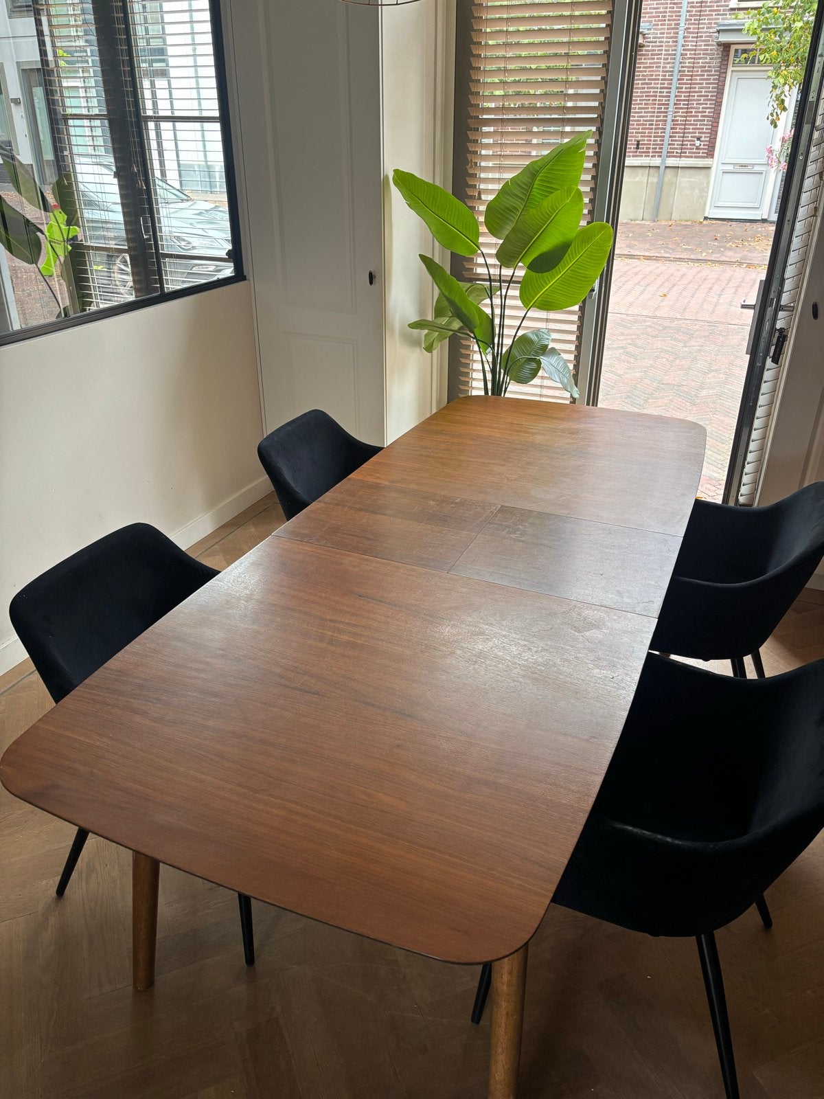 Eettafel + 4 stoelen (180 x 90cm en 220 x 90cm), Ophalen, Gebruikt, 50 tot 100 cm, 150 tot 200 cm