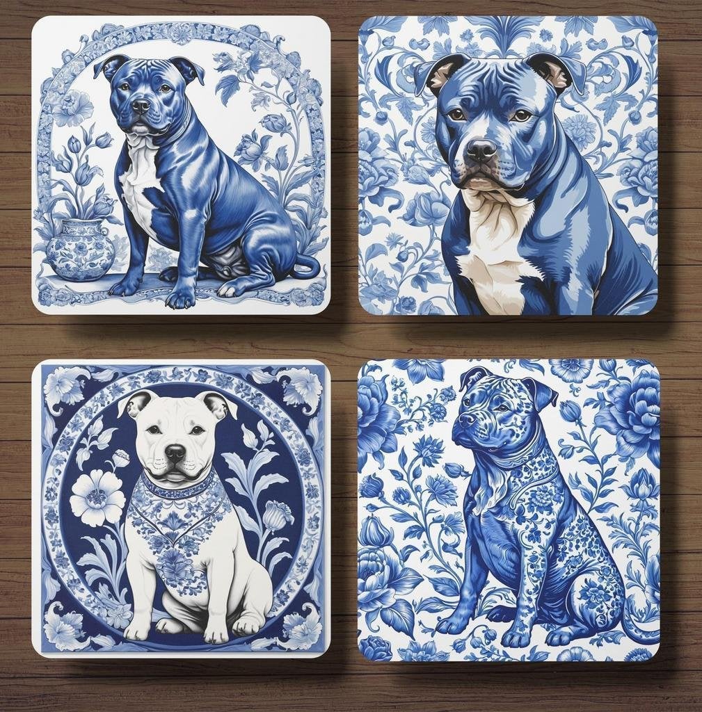 Staffordshire Bull Terriër Delfts Blauw onderzetters+houder, Ophalen of Verzenden, Nieuw