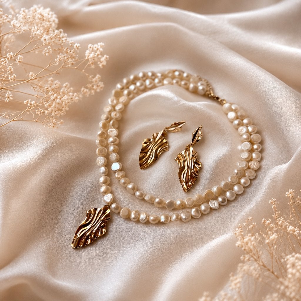 Petali d'oro zoetwater parel ketting en oorbellen, Trouwjurk, Overige kleuren, OE!, Nieuw