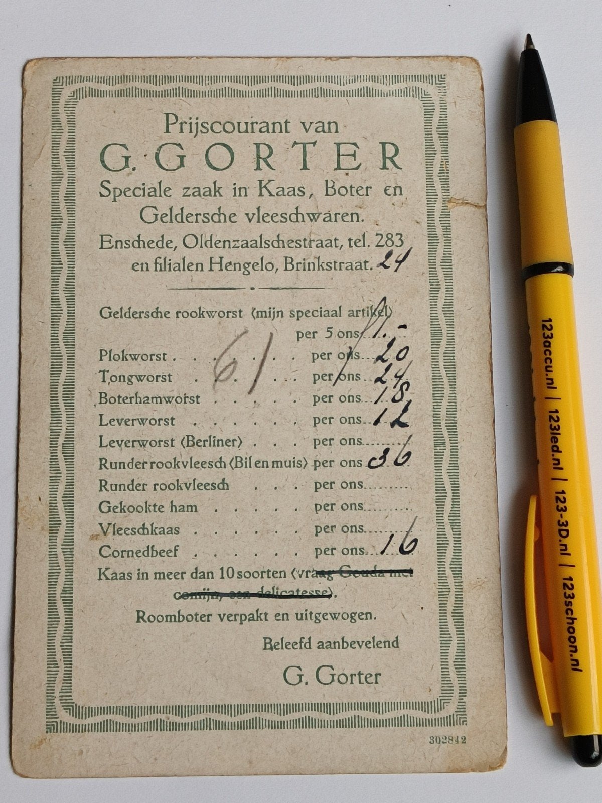 GORTER PRIJSCOURANT, ENSCHEDE, HENGELO, KAAS, BOTER, Ophalen of Verzenden