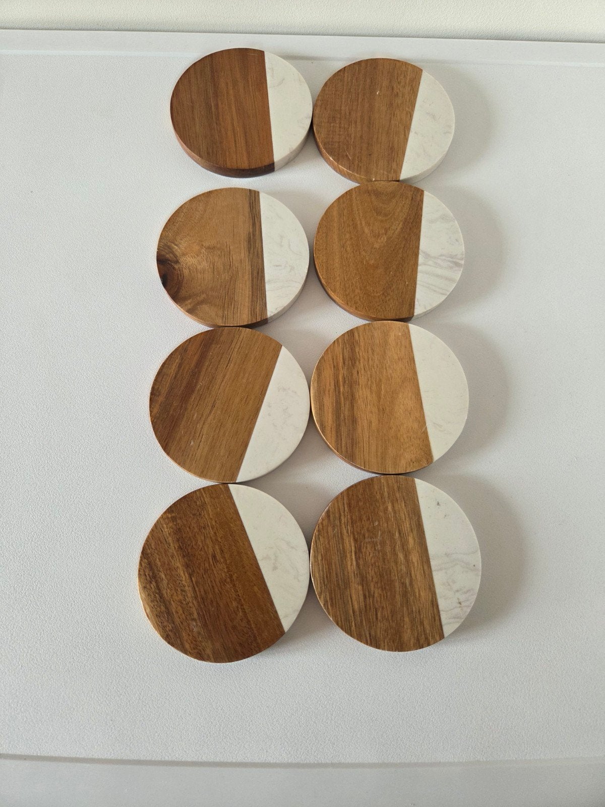 Set van 8 marmeren en houten onderzetters, Huis en Inrichting, Woonaccessoires | Onderzetters, Ophalen, Hout, Gebruikt, Glasonderzetter