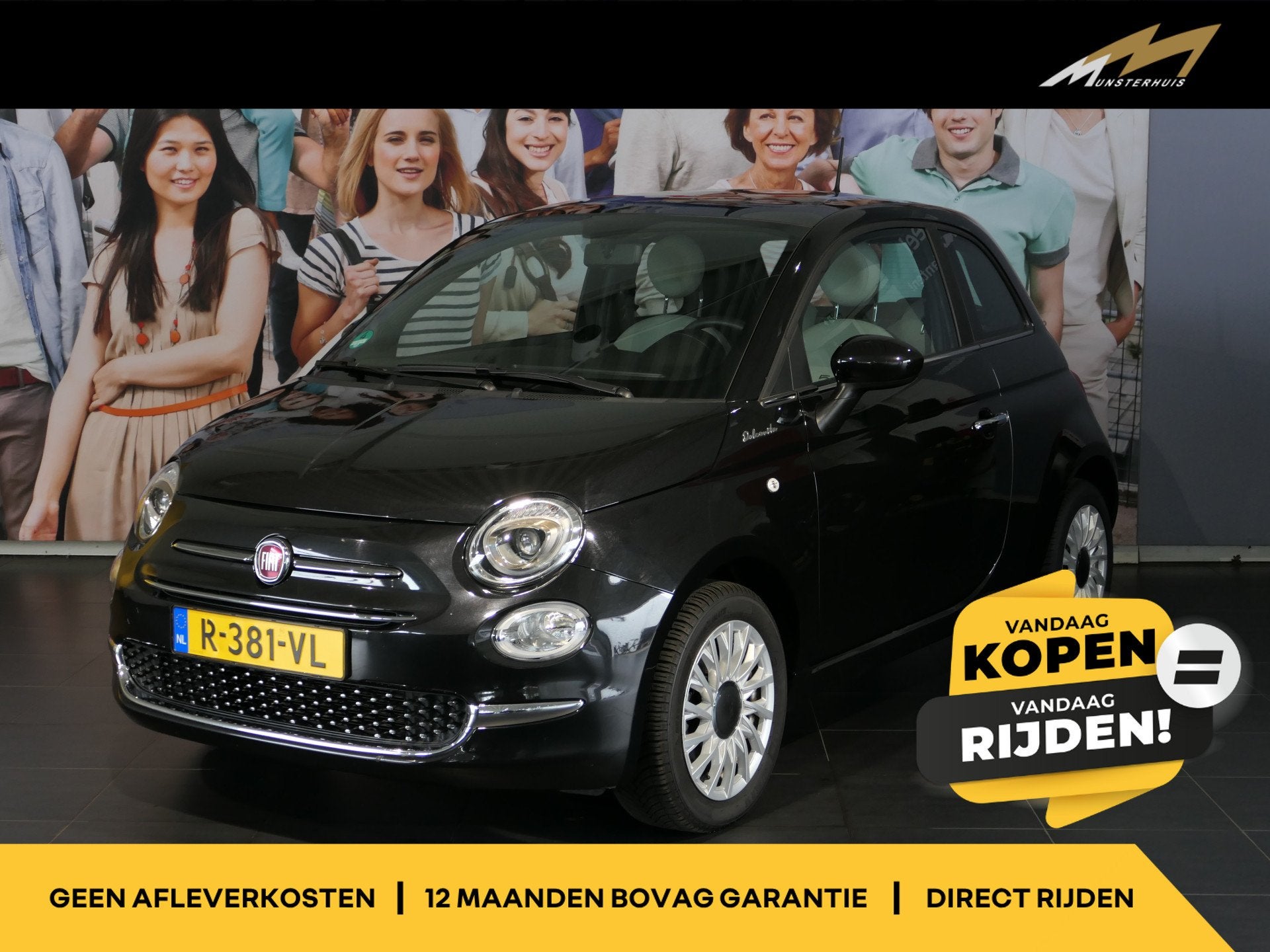 Fiat 500 1.0 Hybrid Dolcevita - Occasion Lease vanaf €324, Auto's, 4 stoelen, Leder en Stof, Zwart, Origineel Nederlands