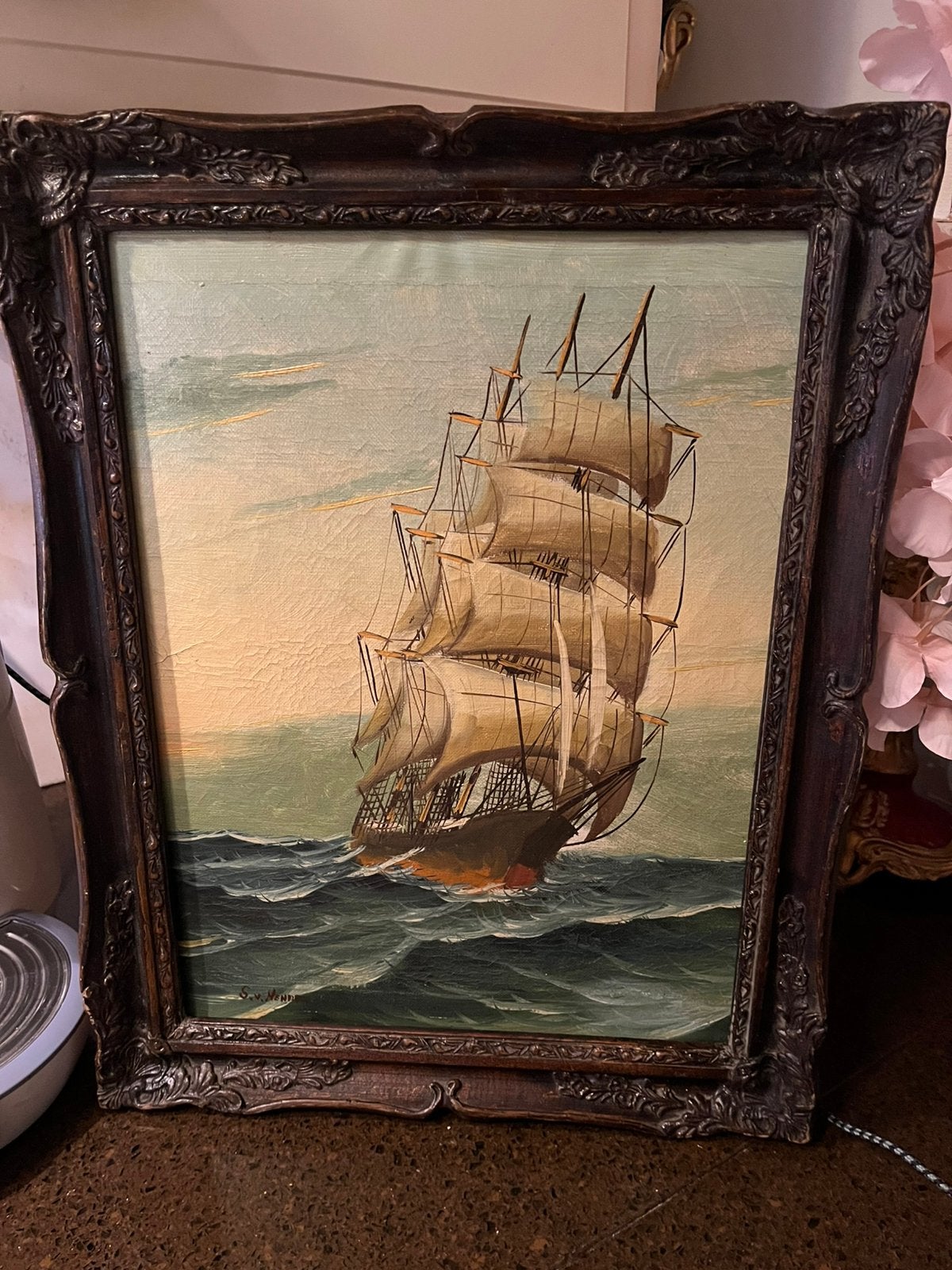 Olieverf zee met boot schilderij, Ophalen