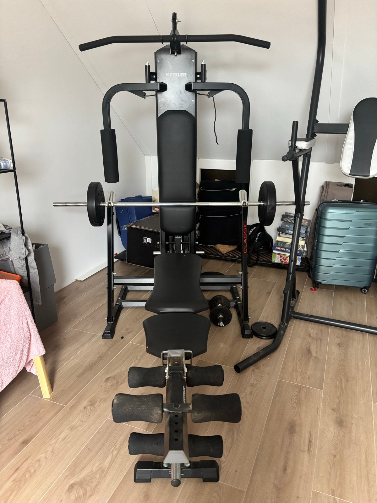 Krachtstation met 60kg gewichten en 2 dumbbells, Ophalen, Zo goed als nieuw, Benen, Overige typen