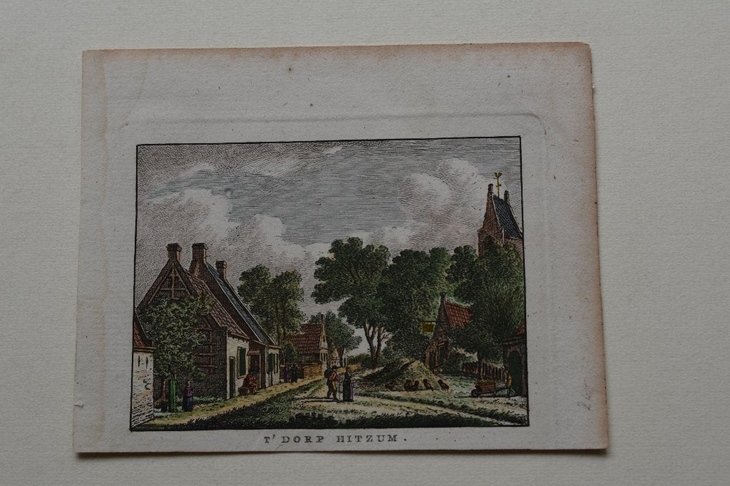 HITZUM `T DORP Handgekleurde Kopergravure 1790 Bulthuis G53, Stadsgezicht, Ophalen of Verzenden, Gravure, 7 cm